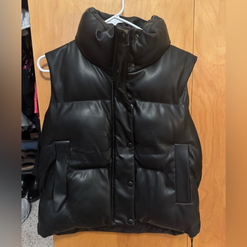Black Leather Puffer Vest for Women